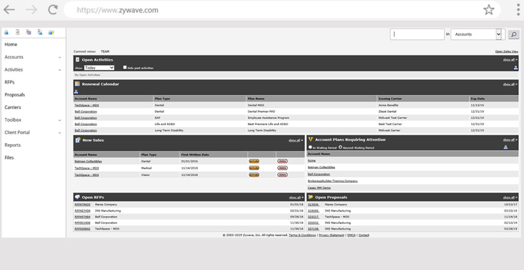screenshot of Zywave Agency Management